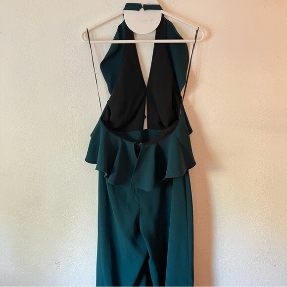 Zara Emerald Green Ruffle Detail Backless Halter Top Jumpsuit- Size Small - Picture 6 of 7
